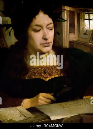 Historia - Tempus - Legenda 1897 XIX secolo di Edmond Van Hove Groeningemuseum, museo municipale, Bruges, Belgio, fiamminghi, ( le figure umane rappresentano "storia", "tempo" e "leggenda". La "storia" è raffigurata come una donna robusta e lodata che decifra un testo pergamena con una lente d'ingrandimento. "Il tempo" è incarnato da un vecchio che strappa una carta. Dietro di lui, le devastazioni del tempo e l'inevitabile oblio sono simboleggiate da una clessidra e da un topo che rovini un libro. Attraverso la finestra, vediamo Bruges' Ezelpoort (porta d'asino) ablazzare. Foto Stock