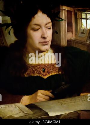 Historia - Tempus - Legenda 1897 XIX secolo di Edmond Van Hove Groeningemuseum, museo municipale, Bruges, Belgio, fiamminghi, ( le figure umane rappresentano "storia", "tempo" e "leggenda". La "storia" è raffigurata come una donna robusta e lodata che decifra un testo pergamena con una lente d'ingrandimento. "Il tempo" è incarnato da un vecchio che strappa una carta. Dietro di lui, le devastazioni del tempo e l'inevitabile oblio sono simboleggiate da una clessidra e da un topo che rovini un libro. Attraverso la finestra, vediamo Bruges' Ezelpoort (porta d'asino) ablazzare. Foto Stock