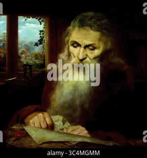 Historia - Tempus - Legenda 1897 XIX secolo di Edmond Van Hove Groeningemuseum, museo municipale, Bruges, Belgio, fiamminghi, ( le figure umane rappresentano "storia", "tempo" e "leggenda". La "storia" è raffigurata come una donna robusta e lodata che decifra un testo pergamena con una lente d'ingrandimento. "Il tempo" è incarnato da un vecchio che strappa una carta. Dietro di lui, le devastazioni del tempo e l'inevitabile oblio sono simboleggiate da una clessidra e da un topo che rovini un libro. Attraverso la finestra, vediamo Bruges' Ezelpoort (porta d'asino) ablazzare. Foto Stock