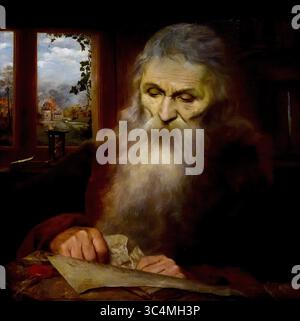 Historia - Tempus - Legenda 1897 XIX secolo di Edmond Van Hove Groeningemuseum, museo municipale, Bruges, Belgio, fiamminghi, ( le figure umane rappresentano "storia", "tempo" e "leggenda". La "storia" è raffigurata come una donna robusta e lodata che decifra un testo pergamena con una lente d'ingrandimento. "Il tempo" è incarnato da un vecchio che strappa una carta. Dietro di lui, le devastazioni del tempo e l'inevitabile oblio sono simboleggiate da una clessidra e da un topo che rovini un libro. Attraverso la finestra, vediamo Bruges' Ezelpoort (porta d'asino) ablazzare. Foto Stock