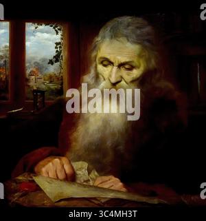 Historia - Tempus - Legenda 1897 XIX secolo di Edmond Van Hove Groeningemuseum, museo municipale, Bruges, Belgio, fiamminghi, ( le figure umane rappresentano "storia", "tempo" e "leggenda". La "storia" è raffigurata come una donna robusta e lodata che decifra un testo pergamena con una lente d'ingrandimento. "Il tempo" è incarnato da un vecchio che strappa una carta. Dietro di lui, le devastazioni del tempo e l'inevitabile oblio sono simboleggiate da una clessidra e da un topo che rovini un libro. Attraverso la finestra, vediamo Bruges' Ezelpoort (porta d'asino) ablazzare. Foto Stock