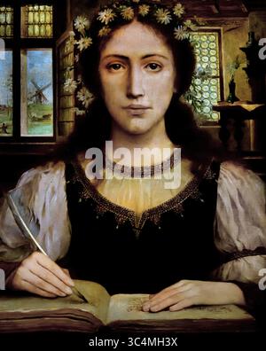 Historia - Tempus - Legenda 1897 XIX secolo di Edmond Van Hove Groeningemuseum, museo municipale, Bruges, Belgio, fiamminghi, ( le figure umane rappresentano "storia", "tempo" e "leggenda". La "storia" è raffigurata come una donna robusta e lodata che decifra un testo pergamena con una lente d'ingrandimento. "Il tempo" è incarnato da un vecchio che strappa una carta. Dietro di lui, le devastazioni del tempo e l'inevitabile oblio sono simboleggiate da una clessidra e da un topo che rovini un libro. Attraverso la finestra, vediamo Bruges' Ezelpoort (porta d'asino) ablazzare. Foto Stock