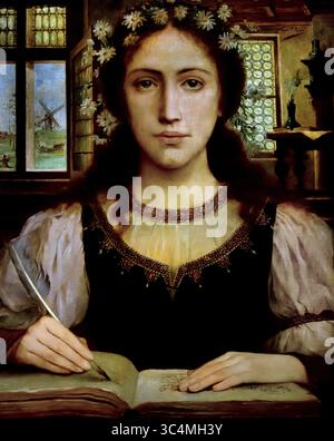 Historia - Tempus - Legenda 1897 XIX secolo di Edmond Van Hove Groeningemuseum, museo municipale, Bruges, Belgio, fiamminghi, ( le figure umane rappresentano "storia", "tempo" e "leggenda". La "storia" è raffigurata come una donna robusta e lodata che decifra un testo pergamena con una lente d'ingrandimento. "Il tempo" è incarnato da un vecchio che strappa una carta. Dietro di lui, le devastazioni del tempo e l'inevitabile oblio sono simboleggiate da una clessidra e da un topo che rovini un libro. Attraverso la finestra, vediamo Bruges' Ezelpoort (porta d'asino) ablazzare. Foto Stock