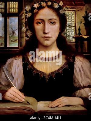 Historia - Tempus - Legenda 1897 XIX secolo di Edmond Van Hove Groeningemuseum, museo municipale, Bruges, Belgio, fiamminghi, ( le figure umane rappresentano "storia", "tempo" e "leggenda". La "storia" è raffigurata come una donna robusta e lodata che decifra un testo pergamena con una lente d'ingrandimento. "Il tempo" è incarnato da un vecchio che strappa una carta. Dietro di lui, le devastazioni del tempo e l'inevitabile oblio sono simboleggiate da una clessidra e da un topo che rovini un libro. Attraverso la finestra, vediamo Bruges' Ezelpoort (porta d'asino) ablazzare. Foto Stock