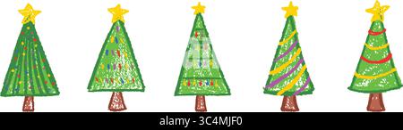 Alberi di Natale decorati e disegnati come bambini. Illustrazione vettoriale per uso scolastico o materno. Cera pastello grange Squiggle colpi su un Illustrazione Vettoriale