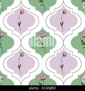 Elegante motivo vettoriale senza cuciture con fiori rosa e forme geometriche a quadrifoglio nei colori verde pastello e lilla, perfetto per il design tessile o le pareti Illustrazione Vettoriale