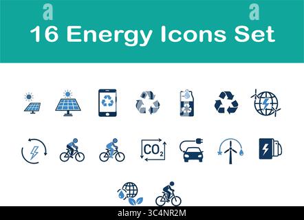 Soluzioni energetiche ecocompatibili rappresentate in una serie di icone vivaci per progetti di tecnologie ecosostenibili Illustrazione Vettoriale