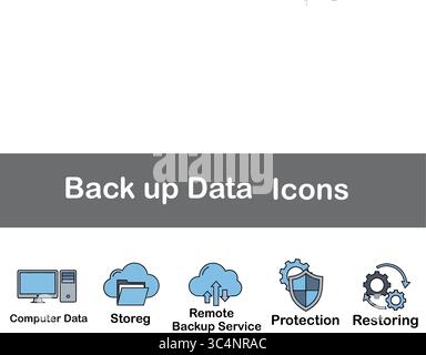 Garantire la sicurezza digitale con icone che mostrano le soluzioni online di backup, archiviazione, ripristino e protezione dei dati Illustrazione Vettoriale