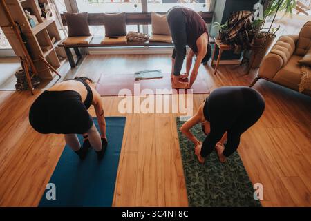 I partecipanti alle lezioni di yoga di gruppo eseguono pose piegate in avanti sui tappetini in uno studio accogliente e luminoso. Foto Stock