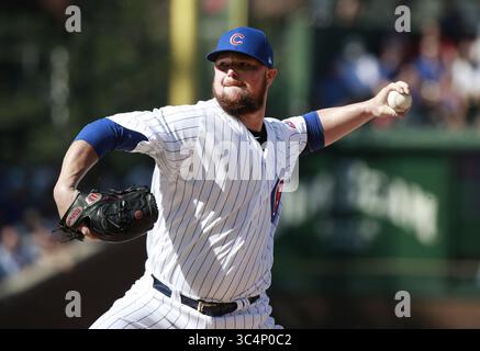 15 settembre 2018 - Chicago, il, USA - il lanciatore titolare dei Chicago Cubs Jon Lester lavora contro i Cincinnati Reds al Wrigley Field di Chicago sabato 15 settembre 2018. I Cubs hanno vinto, 1-0. (Immagine di credito: © Nuccio Dinuzzo/Chicago Tribune/TNS via cavo ZUMA) Foto Stock