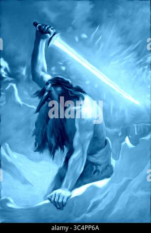 Riproduzione digitale dei concetti dipinti a mano dell'opera "The Giant with the Flaming Sword" dell'artista John Charles Dollman (1909). Foto Stock