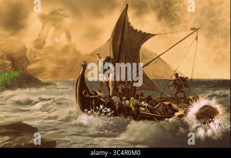 Riproduzione digitale concettuale dipinta a mano ispirata all'illustrazione del 1894 di "Ulisse e Ciclopi" nello stile di Louis Schützenberger. Foto Stock