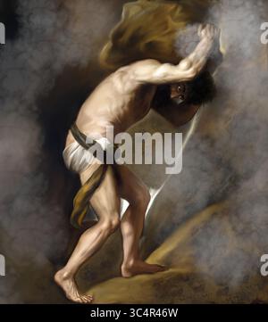 Riproduzione digitale dipinta a mano di "Sisifo" di Tiziano - collezione del Museo del Prado. Foto Stock