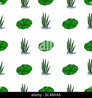 Un vivace motivo vettoriale senza cuciture con illustrazioni stilizzate di grandi ninfee rotondi e erbe acquatiche, che creano un ambiente rinfrescante e tranquillo Illustrazione Vettoriale
