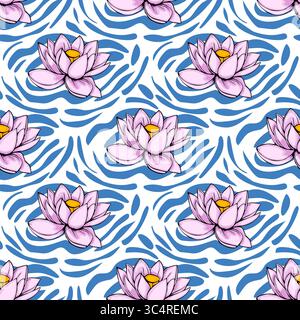Motivo vettoriale senza cuciture con fiori di loto rosa stilizzati elegantemente disposti su uno sfondo a onde astratte blu e bianco vibrante, per creare un aspetto più sere Illustrazione Vettoriale