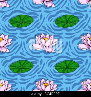 Un tranquillo motivo vettoriale senza cuciture caratterizzato da fiori di loto rosa stilizzati e giglio che galleggiano su uno sfondo blu testurizzato, per un ambiente rilassante Illustrazione Vettoriale
