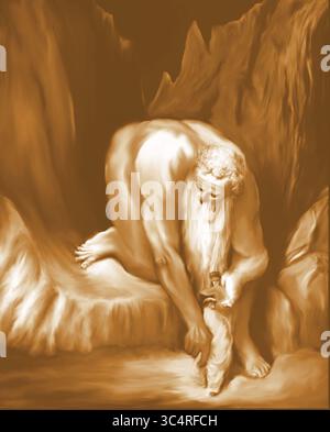 Riproduzione concettuale digitale dipinta a mano dell'antica fotoincisione del 1832 dell'artista Gustave Doré chiamata "il gigante" con. Foto Stock