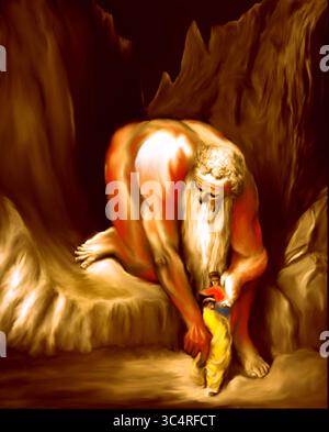 Riproduzione concettuale digitale dipinta a mano dell'antica fotoincisione del 1832 dell'artista Gustave Doré chiamata "il gigante" con. Foto Stock