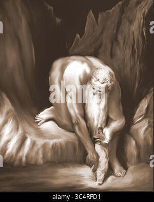 Riproduzione concettuale digitale dipinta a mano dell'antica fotoincisione del 1832 dell'artista Gustave Doré chiamata "il gigante" con. Foto Stock