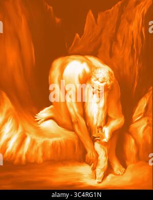 Riproduzione concettuale digitale dipinta a mano dell'antica fotoincisione del 1832 dell'artista Gustave Doré chiamata "il gigante" con. Foto Stock