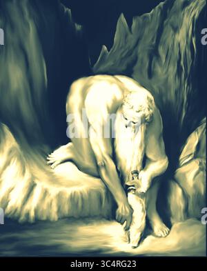 Riproduzione concettuale digitale dipinta a mano dell'antica fotoincisione del 1832 dell'artista Gustave Doré chiamata "il gigante" con. Foto Stock