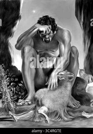 Riproduzione concettuale digitale dipinta a mano di un'antica fotoincisione da un libro che mostra Polifemo cieco che controlla le pecore. Foto Stock