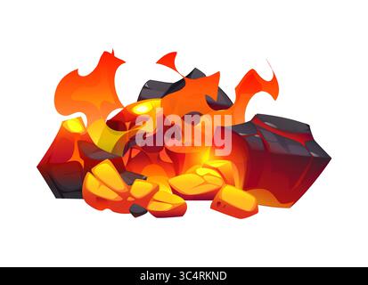 Fiamme da fuoco sul carbone, camino a carbone con pezzi di carbone di tiglio in fiamme e cenere, vettore di cartoni animati. L'ambra di legna da ardere, carbone o pezzi di carbone bruciano in fiamme di fuoco di camino o focolare e fuoco da campeggio Illustrazione Vettoriale