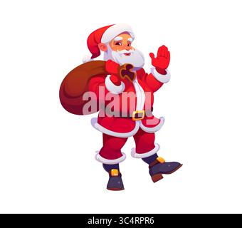 Personaggio di Babbo Natale cartoni animati con borsa di regali per le vacanze invernali, personaggio vettoriale. Felice Babbo Natale con sorriso e saluto, personaggio dei cartoni animati per buon Natale e Capodanno Illustrazione Vettoriale