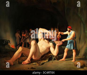 Riproduzione concettuale digitale dipinta a mano del dipinto ad olio su tela: "Ulisse nella grotta di Polifemo" dall'anno. Foto Stock