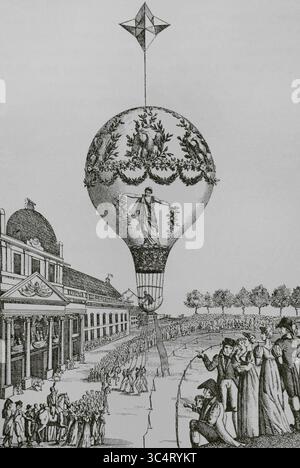 Parigi, Francia. Salita in mongolfiera di Madame Sophie Blanchard al Champ de Mars il 24 giugno 1810. Questo evento si tenne per celebrare il matrimonio di Napoleone i e Maria Luisa d'Austria. Incisione. Directoire, Consolato et Empire. Moeurs et usages, lettres, Sciences et Arts Francia, 1795-1815” (Direttorio, Consolato e Impero di Francia. Costumi e tradizioni, lettere, scienze e arti Francia, 1795-1815), di Paul Lacroix. Pubblicato a Parigi, 1884. Foto Stock