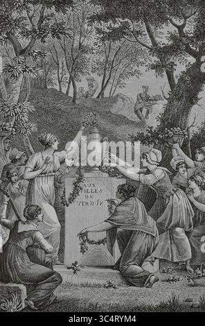 "La Pitié", poema in quattro canti del poeta francese Jacques Delille (1738-1813) scritto nel 1803. Delille critica gli eccessi della rivoluzione francese ed esprime compassione per i coloni, affrontando la schiavitù nelle colonie. Scena dal terzo canto. Disegno di Monsiau. Incisione di Duparc. Directoire, Consolato et Empire. Moeurs et usages, lettres, Sciences et Arts Francia, 1795-1815” (Direttorio, Consolato e Impero di Francia. Costumi e tradizioni, lettere, scienze e arti Francia, 1795-1815), di Paul Lacroix. Pubblicato a Parigi, 1884. Foto Stock