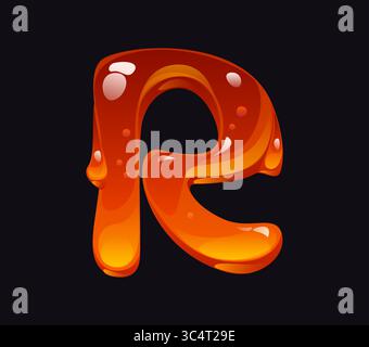 Carattere cartoni animati Sweet Honey Letter R. carattere ABC caramelle gialle, elemento di tipo vettoriale flusso ambrato liquido. Cartello tipo caramello dolce o gustoso cartoni animati miele simbolo alfabeto inglese Illustrazione Vettoriale