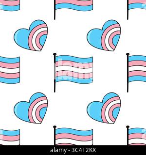 Motivo vettoriale senza cuciture con bandiera e cuori transgender, un design vivace con colori blu pastello, rosa e bianco. Illustrazione Vettoriale