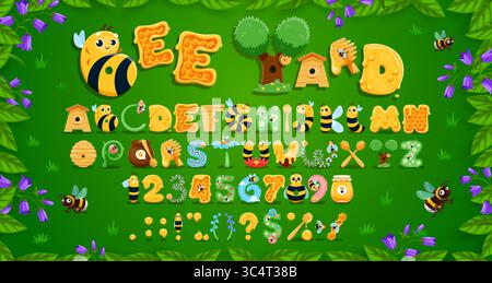 Simpatico carattere apicoltore, font cartoni animati per api, tipo apiario, tipografia vettoriale alfabeto inglese per bambini. I caratteri del miele e delle api fanno da cornice a lettere e numeri, favi, vasi e alveari Illustrazione Vettoriale