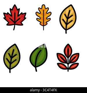 Collezione di sei diverse foglie autunnali vettoriali: acero, quercia e altre forme uniche di foglie dai colori vivaci. Illustrazione Vettoriale