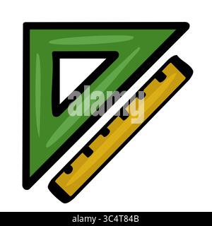 Illustrazione vettoriale di un righello a triangolo verde e di un righello di misurazione in oro, diagonalmente posizionato su uno sfondo bianco, che mostra un righello semplice ma allo stesso tempo Illustrazione Vettoriale