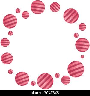 Allegra cornice circolare realizzata con palline a strisce color acquerello dai toni rossi. Perfetto per layout decorativi, inviti alla baby shower e biglietti d'auguri Foto Stock