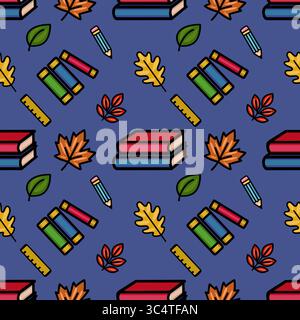 Un vivace motivo vettoriale senza cuciture con un divertente mix di libri colorati, matite, righelli e foglie autunnali, per creare un allegro ritorno a scuola o. Illustrazione Vettoriale