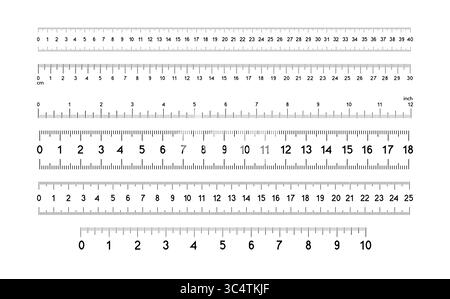 Markup righello in scale diverse isolato su sfondo bianco. Set di scale di misurazione con centimetri e pollici Illustrazione Vettoriale