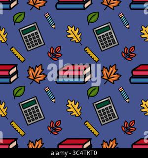 Questo vivace motivo vettoriale senza cuciture presenta un divertente mix di foglie autunnali e forniture scolastiche, tra cui libri, matite, calcolatrici e righelli, c Illustrazione Vettoriale