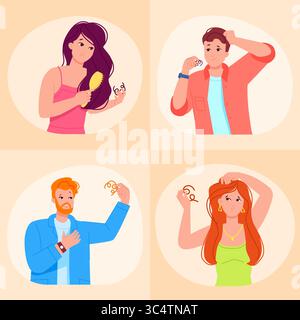 Persone che perdono i capelli. Alopecia, forfora dermatite seborroica caduta diradamento dei capelli problema testa cuoio capelluto trattamento di bellezza Concept uomo donna calvizie danno acconciatura illustrazione vettoriale grafica originale Illustrazione Vettoriale