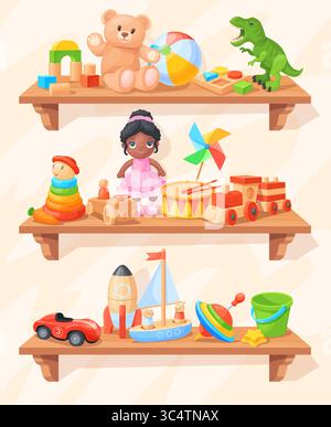 Scaffale dei giocattoli dei cartoni animati. Negozio di giocattoli scaffali in legno, negozio di giocattoli per bambini, sala giochi per bambini, elemento interno, bambole, orso, palla, trenino per bambini, illustrazione vettoriale, grafica originale Illustrazione Vettoriale
