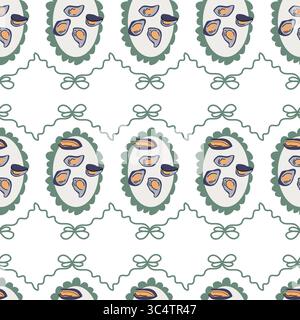 Motivo vintage a base di ostriche con cornici verdi ornate su sfondo bianco. Illustrazione Vettoriale