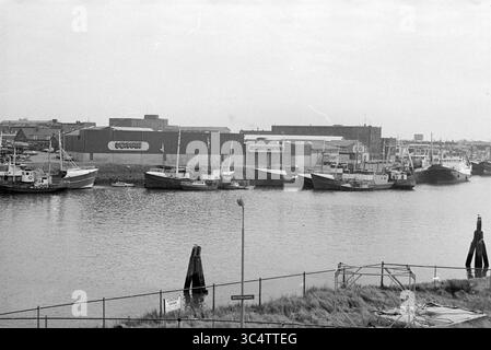 Centro di distribuzione Vomar IJmuiden, negozi e chioschi, IJmuiden, Paesi Bassi, 26-03-1981 Whizgle News, Dutch Desk, Paesi Bassi, 1950-2000 Un tranquillo porto con una serie di barche da pesca lungo una tranquilla riva del fiume, con edifici industriali sullo sfondo e alcune navi ormeggiate nelle vicinanze. L'area è racchiusa da una recinzione e l'atmosfera generale suggerisce un mix di attività marittima e infrastrutture urbane. Foto Stock