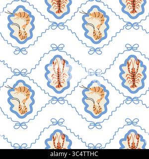 Motivo nautico a tema aragosta con onde blu e cornici decorative. Illustrazione Vettoriale