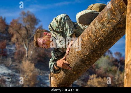 30 agosto 2018 - Camp Pendleton, California, Stati Uniti - U.S. Marine Corps Lance Cpl. John Marino, mitragliere con il 1st Marine Regiment, sale su un tronco durante la porzione di percorso ad ostacoli della 1st Marine Division (MARDIV) Super Squad Competition al Marine Corps base Camp Pendleton, California, agosto. 30, 2018. La competizione mette alla prova i Marines in un ampio spettro di abilità correlate alla fanteria per includere operazioni offensive e difensive, tecniche di pattugliamento e combattimento di precisione, per determinare la migliore squadra all'interno del 1° MARDIV. (Immagine di credito: © U.S. Marine Corps/ZUMA Wire/ZUMAPRESS.com Foto Stock