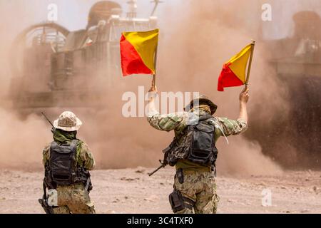17 settembre 2018 - Arta Beach, Gibuti - i marinai assegnati all'Assault Craft Unit 5 dirigono un cuscino d'aria su Arta Beach, Gibuti, durante il Theater Amphibious Combat Rehearsal (TACR) 18. Guidato dalla Naval Amphibious Force, Task Force 51/5th Marine Expeditionary Brigade, il TACR integra le risorse della Marina degli Stati Uniti e del corpo dei Marines per esercitarsi e provare una serie di capacità critiche correlate al combattimento disponibili per il comando centrale degli Stati Uniti, sia a terra che a galla, per promuovere la stabilità e la sicurezza nella regione. La quinta flotta statunitense e le risorse della coalizione stanno partecipando a numerose esercitazioni simultanee come par Foto Stock