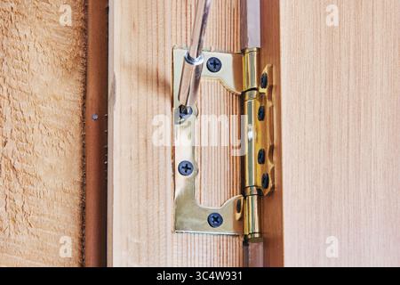 Door hinge specialist fitting full hinge assembly to door, aligning metal hinge components, screwing mechanism into place visible close up. Foto Stock