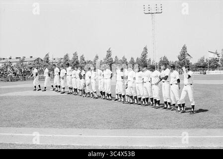 Baseball Paesi Bassi - Detroit ITM, 27-06-1971 Whizgle News, Dutch Desk, Paesi Bassi, 1950-2000 Una linea di giocatori di baseball è pronta sul campo, vestita con uniformi bianche, con spettatori che guardano dalla tribuna sullo sfondo. I giocatori esibiscono un mix di espressioni focalizzate, segnalando l'inizio di una partita. Foto Stock