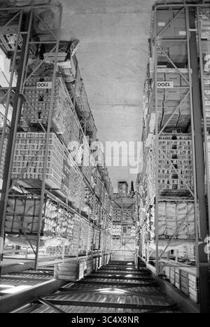 Centro di distribuzione Vomar IJmuiden, negozi e chioschi, IJmuiden, Paesi Bassi, 26-03-1981 Whizgle News, Dutch Desk, Paesi Bassi, 1950-2000 Un magazzino spazioso pieno di scaffali alti impilati con casse e casse ben organizzate, per creare un senso di profondità e ordine. Il layout strutturato enfatizza la vastità dello spazio di archiviazione. Foto Stock